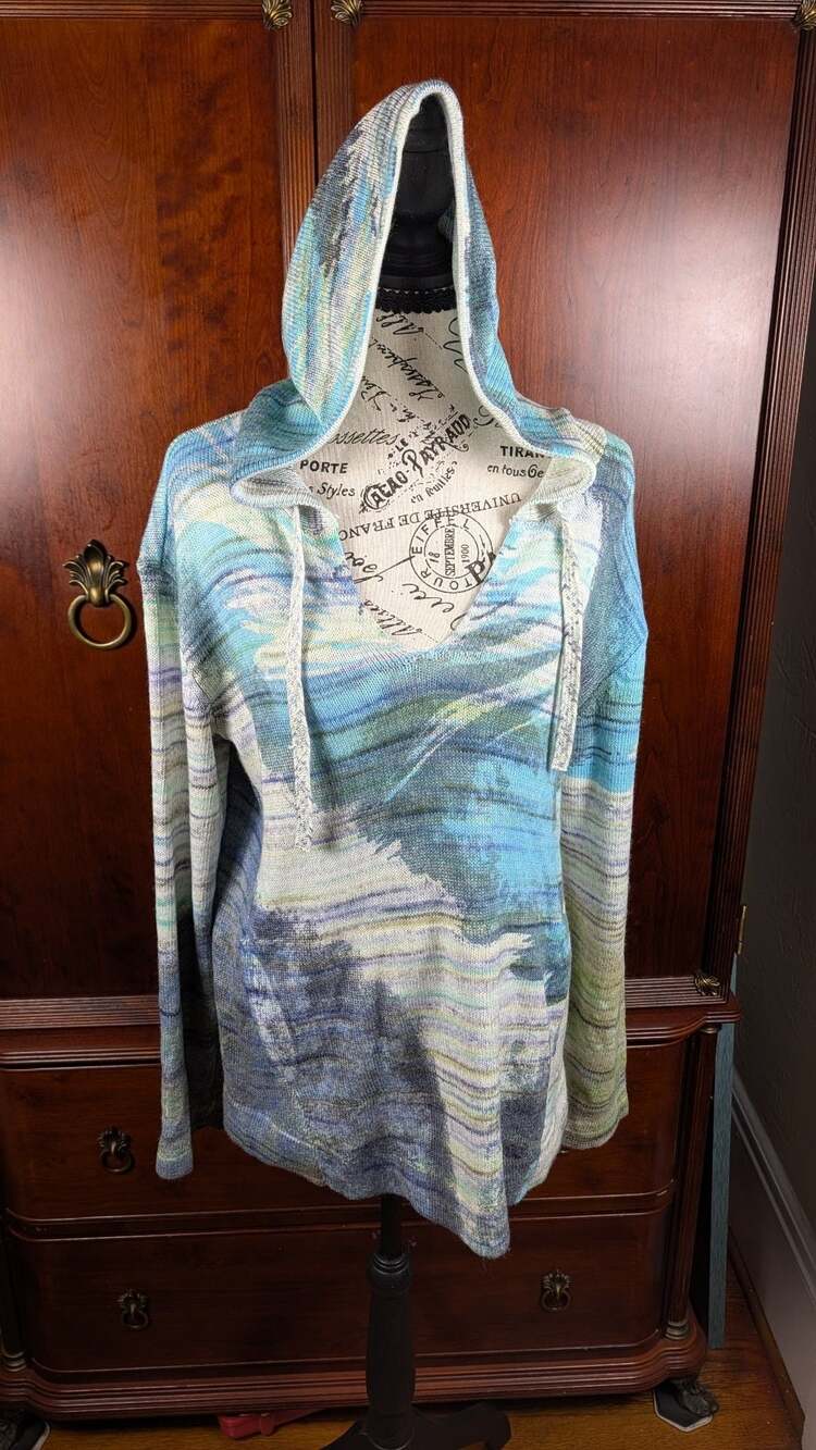 Nic+Zoe Space Dyed Striped Hoodie Size M Blue Green Knit Pullover